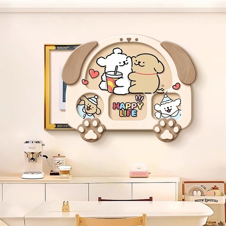 Tablou decorativ pentru cutia electrică cu un cățel în stil liniar, crem, înrămat, pânză Crystal Film, potrivit pentru living și dining