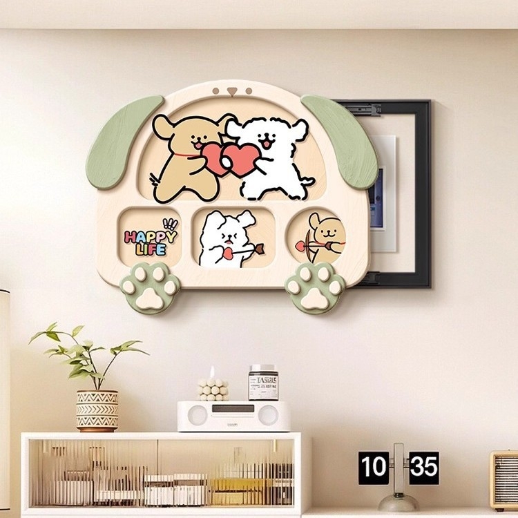 Tablou decorativ pentru cutia electrică cu un cățel în stil liniar, crem, înrămat, pânză Crystal Film, potrivit pentru living și dining