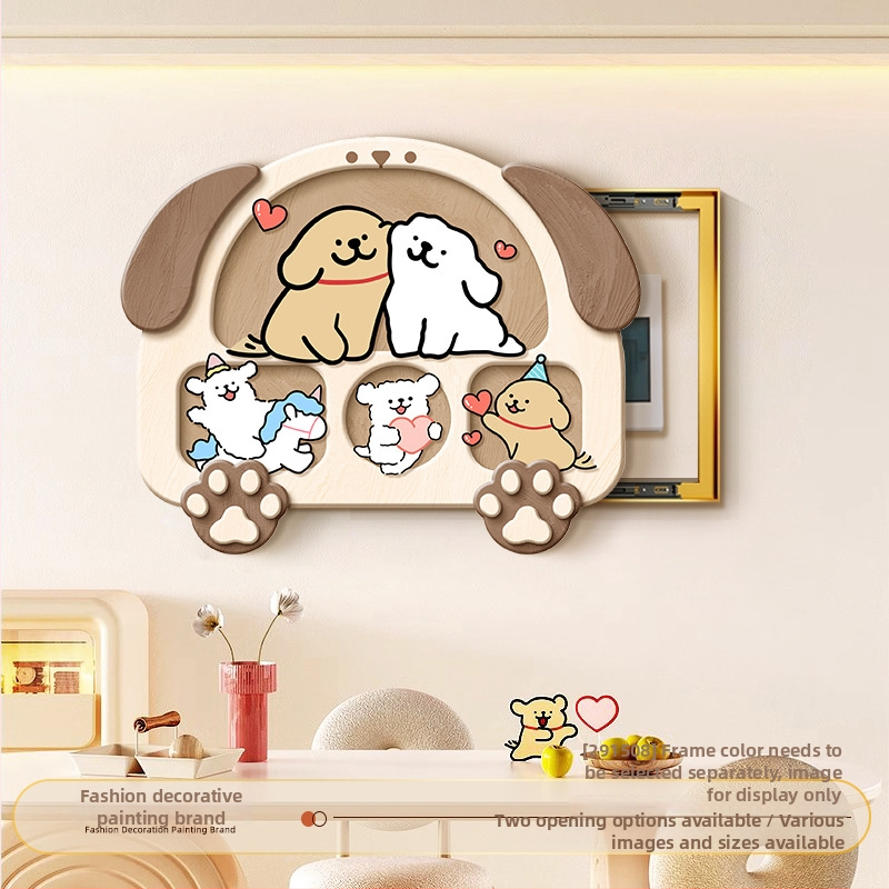 Tablou decorativ pentru cutia electrică cu un cățel în stil liniar, crem, înrămat, pânză Crystal Film, potrivit pentru living și dining