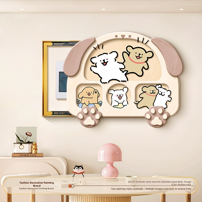 Tablou decorativ pentru cutia electrică cu un cățel în stil liniar, crem, înrămat, pânză Crystal Film, potrivit pentru living și dining