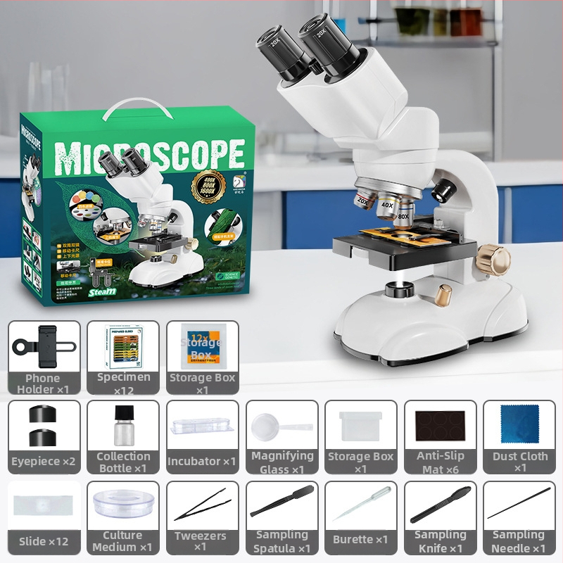Binokulárny optický mikroskop 1600X, Vedecká súprava na experimenty, Plastový materiál, pre vek 7–14 rokov