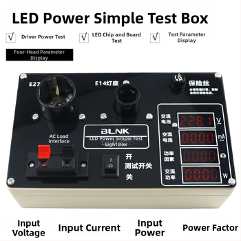 Viacúčelové LED testovacie puzdro pre testovanie LED napájania a svietidiel — Model JJS-10P; meria prúd, napätie a výkon; určené na testovanie LED napájacích zdrojov, LED žiaroviek a stropných svietidiel.