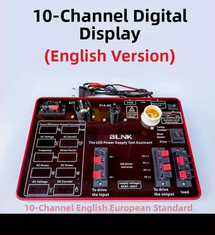 Viacúčelové LED testovacie puzdro pre testovanie LED napájania a svietidiel — Model JJS-10P; meria prúd, napätie a výkon; určené na testovanie LED napájacích zdrojov, LED žiaroviek a stropných svietidiel.