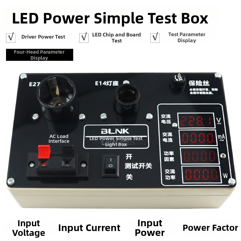 Viacúčelové LED testovacie puzdro pre testovanie LED napájania a svietidiel — Model JJS-10P; meria prúd, napätie a výkon; určené na testovanie LED napájacích zdrojov, LED žiaroviek a stropných svietidiel.