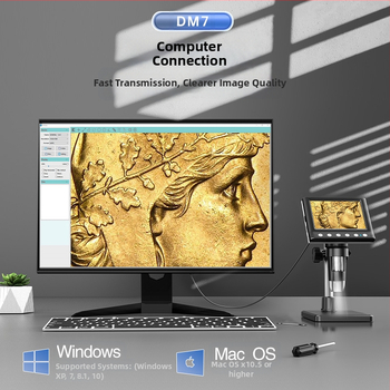 Digitálny mikroskop pre opravu mobilných telefónov, inšpekciu elektronických dosiek a pozorovanie rastlín — Model DM7-Z33; Značka Haiweixun; Aplikácie: priemyselné inšpekcie, opravy dosiek, pozorovanie rastlín.