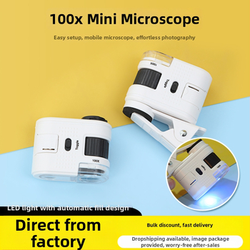 Mini optický mikroskop na biologické pozorovanie s klipsom, ABS telo + PMMA šošovky, 100x zväčšenie