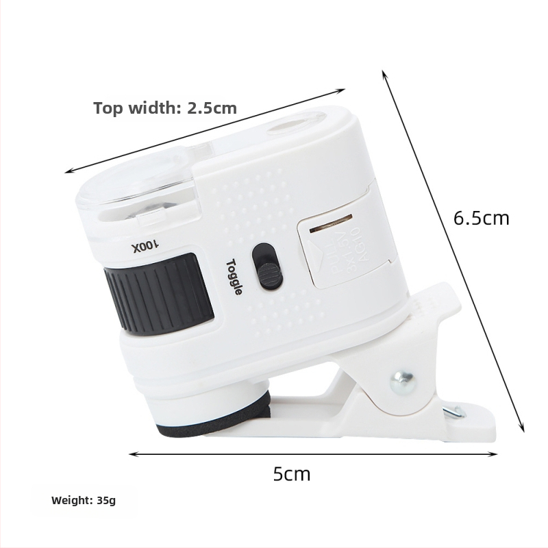 Mini optický mikroskop na biologické pozorovanie s klipsom, ABS telo + PMMA šošovky, 100x zväčšenie