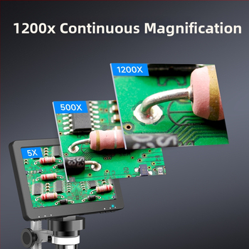 Digitálny mikroskop s 1200x zväčšením, HD displej, káblové diaľkové ovládanie, vnútorná nabíjateľná batéria a zabudované osvetlenie.