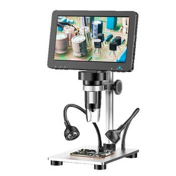 Digitálny mikroskop s 1200x zväčšením, HD displej, káblové diaľkové ovládanie, vnútorná nabíjateľná batéria a zabudované osvetlenie.