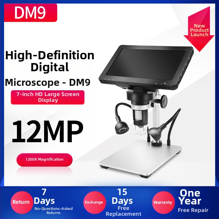 Digitálny mikroskop s 1200x zväčšením, HD displej, káblové diaľkové ovládanie, vnútorná nabíjateľná batéria a zabudované osvetlenie.