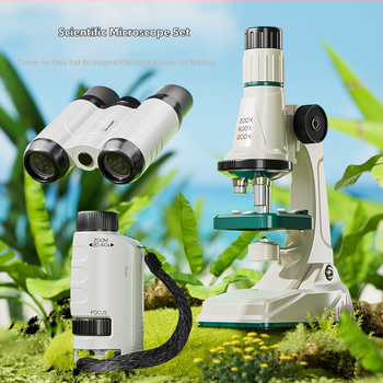 Výchovná súprava pre vedecké pokusy so mikroskopom a binokulárnym vysokovýkonným ďalekohľadom; plastový materiál; pre vek 7–14 rokov; značka Learn from Yuma; pôvod: Guangdong, Čína.