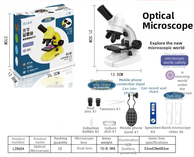 Vzdelávací mikroskop pre biológiu/chemickú výchovu detí, ABS telo, DIY, bez elektriny, vek 7–14 rokov, značka Blue Bamboo Culture
