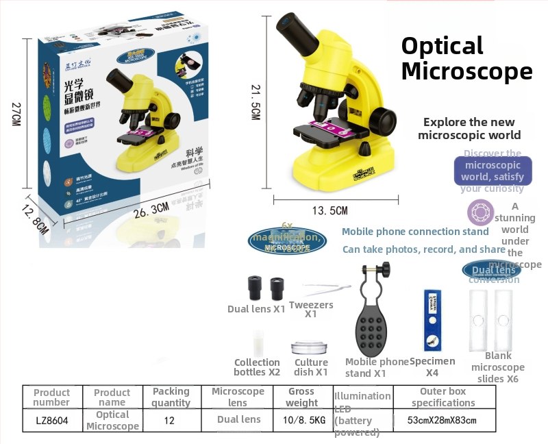 Vzdelávací mikroskop pre biológiu/chemickú výchovu detí, ABS telo, DIY, bez elektriny, vek 7–14 rokov, značka Blue Bamboo Culture