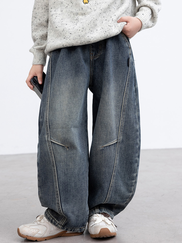 Detské džínové nohavice pre chlapcov s fleecovým podšitím na zimu a jeseň, elastický stredový pás, dlhé, pre deti nad 8 rokov (viac ako 140 cm)