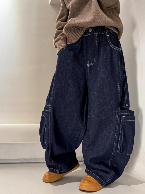 Detské džínyové nohavice do práce - pružný pás, jednofarebné, 65% bavlna + 35% iné vlákna, zimná sezóna