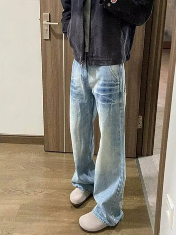 Jeansi bărbați croială dreaptă, denim spălat, 65% bumbac, talie medie, fermoar