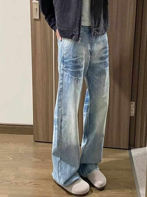 Jeansi bărbați croială dreaptă, denim spălat, 65% bumbac, talie medie, fermoar