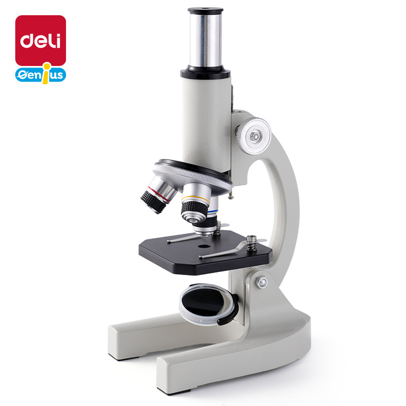 Optický mikroskop s vysokým rozlíšením pre biológiu a vzdelávanie — kovové telo, ručné ovládanie, pre študentov 14–35 rokov, značka Deli