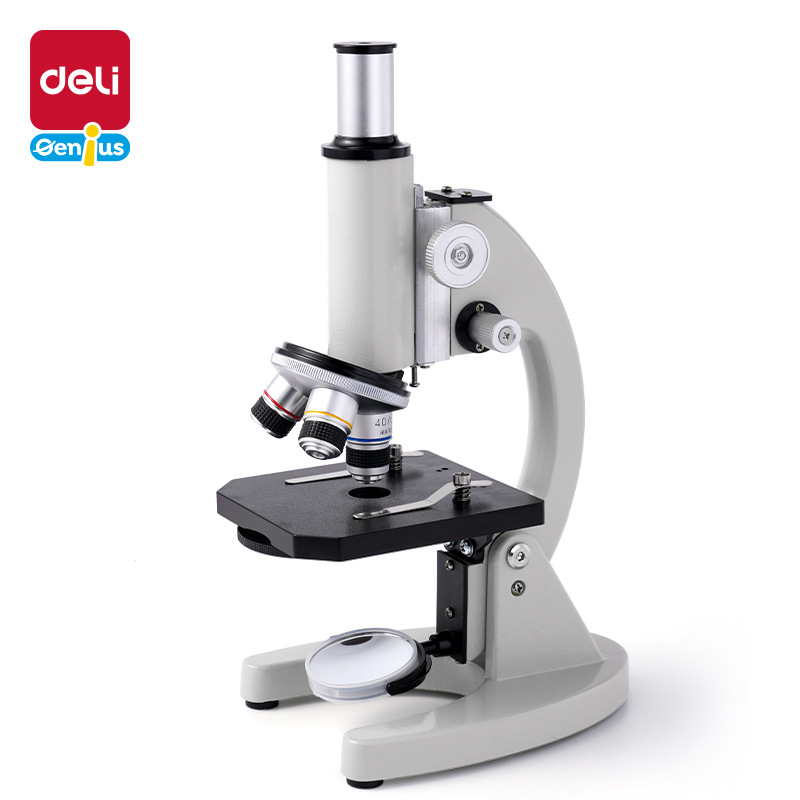 Optický mikroskop s vysokým rozlíšením pre biológiu a vzdelávanie — kovové telo, ručné ovládanie, pre študentov 14–35 rokov, značka Deli