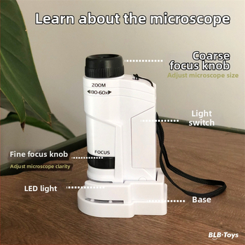 Detský Prenosný Mikroskop – Biologicko-chemická vzdelávacia hračka, Elektrický, Viacfunkčný, Obsahuje batériu a základňu, pre vek 7–14 rokov