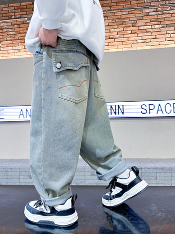 Detské džínsy pre chlapcov v kórejskom štýle, so strednou pasou a elastickou gumou, mäkký povrch, vhodné na jar a jeseň