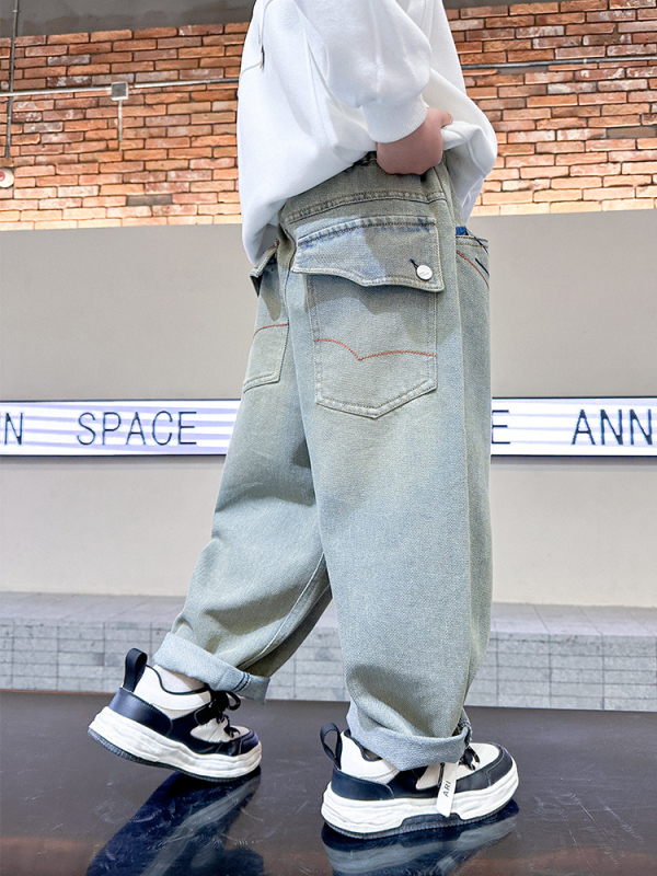 Detské džínsy pre chlapcov v kórejskom štýle, so strednou pasou a elastickou gumou, mäkký povrch, vhodné na jar a jeseň