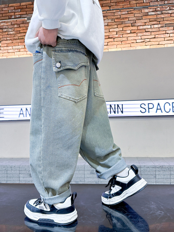 Detské džínsy pre chlapcov v kórejskom štýle, so strednou pasou a elastickou gumou, mäkký povrch, vhodné na jar a jeseň