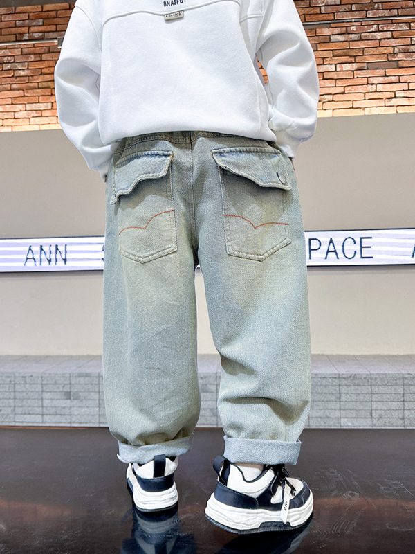 Detské džínsy pre chlapcov v kórejskom štýle, so strednou pasou a elastickou gumou, mäkký povrch, vhodné na jar a jeseň