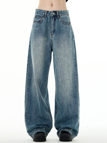 Retro traperice ravnog kroja, srednji pojas, denim 92% pamuk, pješčano pranje, s višestrukim džepovima
