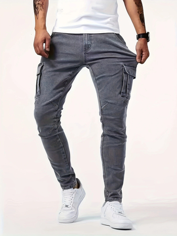 Мъжки дънкови cargo панталони, британски стил, слим фит, средна талия, цип, 70% памук / 28% полиестер / 2% еластан