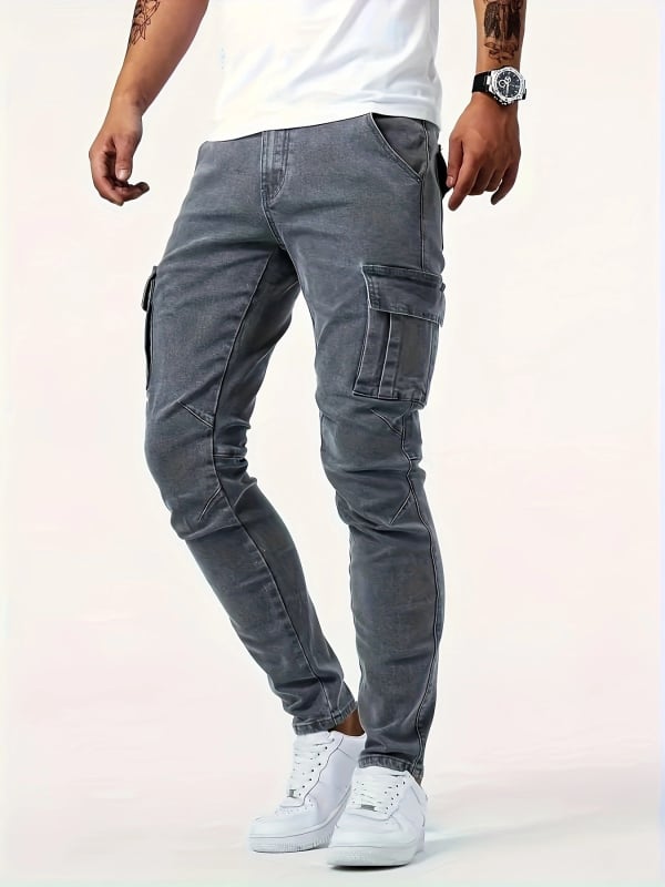Мъжки дънкови cargo панталони, британски стил, слим фит, средна талия, цип, 70% памук / 28% полиестер / 2% еластан