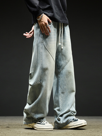 Pantaloni din denim - Vintage workwear cu patchwork, spălați, croială dreaptă, talie medie