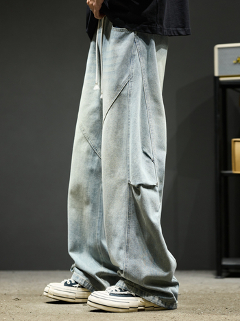 Pantaloni din denim - Vintage workwear cu patchwork, spălați, croială dreaptă, talie medie