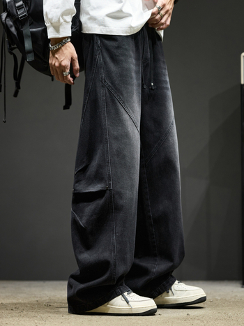 Pantaloni din denim - Vintage workwear cu patchwork, spălați, croială dreaptă, talie medie