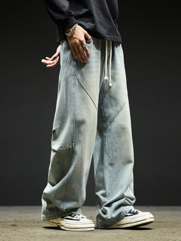 Pantaloni din denim - Vintage workwear cu patchwork, spălați, croială dreaptă, talie medie