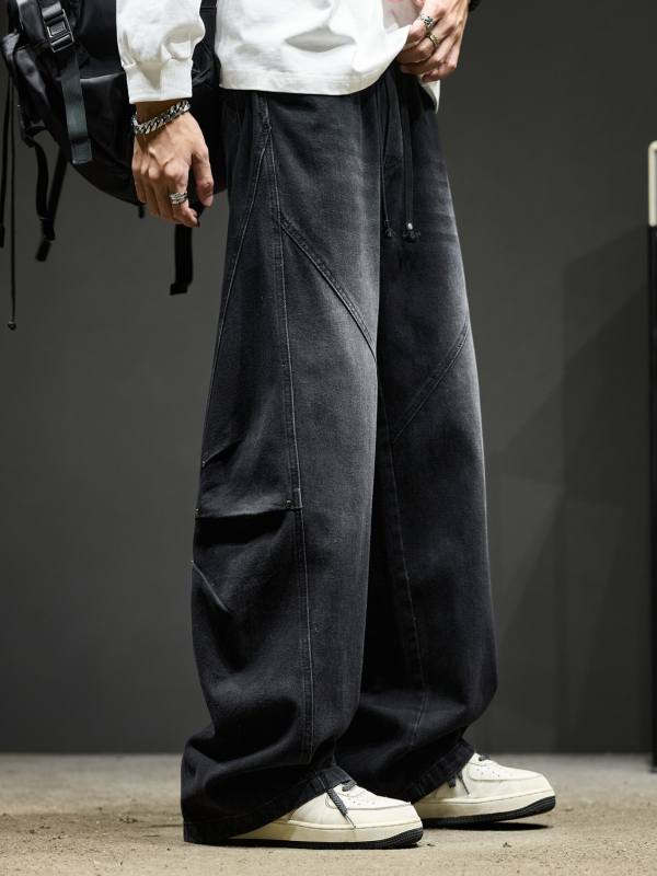 Pantaloni din denim - Vintage workwear cu patchwork, spălați, croială dreaptă, talie medie