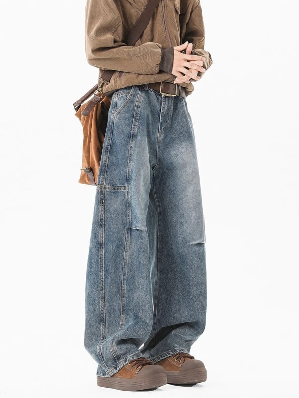 Jeansi bărbați croială lejeră dreaptă – denim spălat, talie medie, fermoar, 65% bumbac, primăvară-toamnă, stil retro de bază, modă tineret