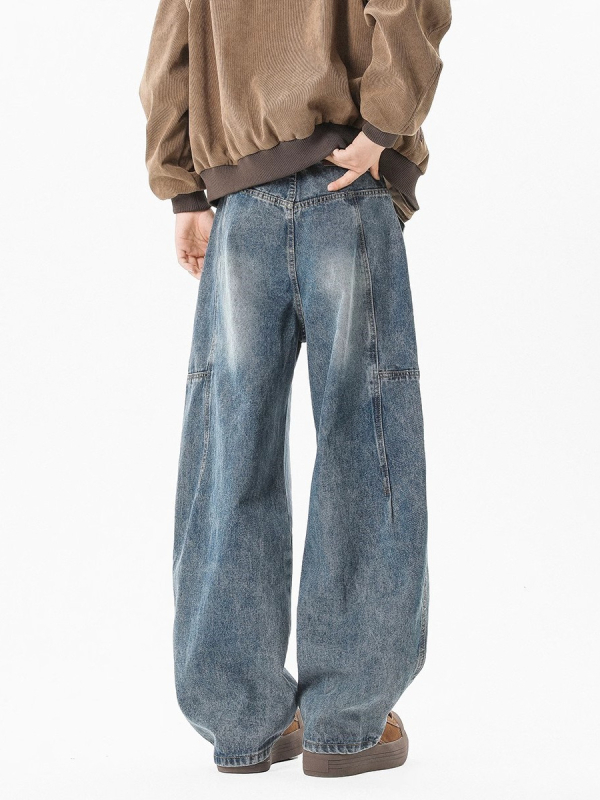 Jeansi bărbați croială lejeră dreaptă – denim spălat, talie medie, fermoar, 65% bumbac, primăvară-toamnă, stil retro de bază, modă tineret