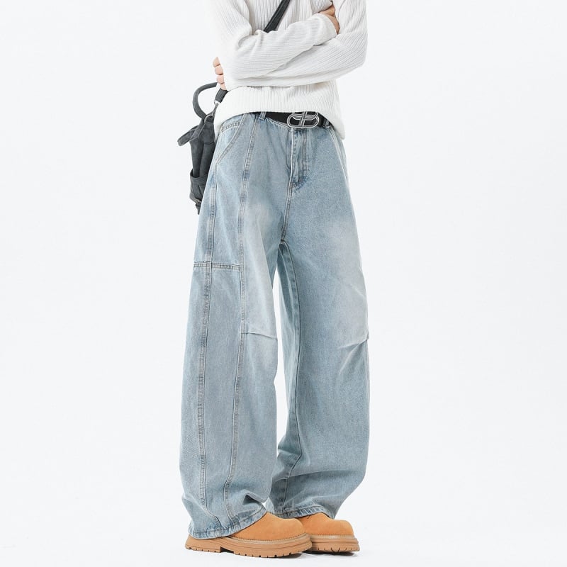 Jeansi bărbați croială lejeră dreaptă – denim spălat, talie medie, fermoar, 65% bumbac, primăvară-toamnă, stil retro de bază, modă tineret