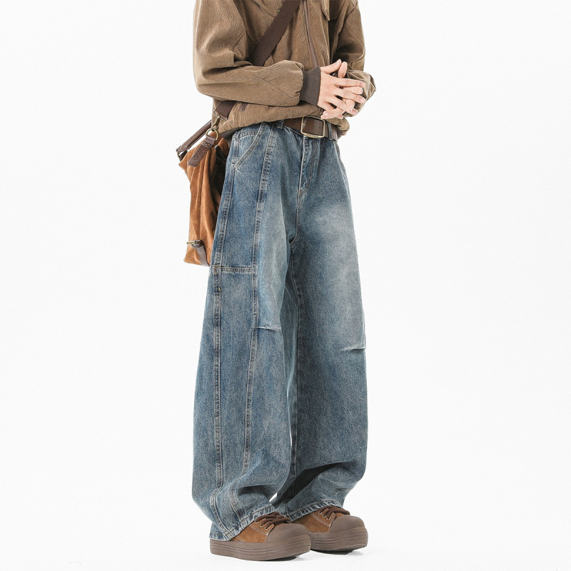 Jeansi bărbați croială lejeră dreaptă – denim spălat, talie medie, fermoar, 65% bumbac, primăvară-toamnă, stil retro de bază, modă tineret