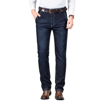 Blugi denim pentru bărbați, talie înaltă, croială dreaptă, croială lejeră, detalii la buzunare, finisaj de spălare