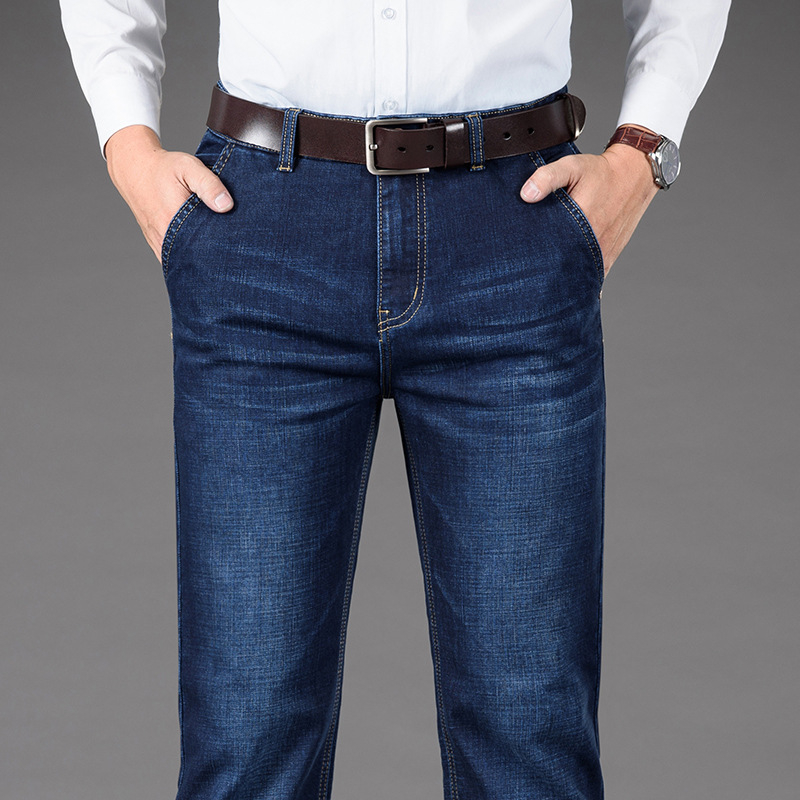 Blugi denim pentru bărbați, talie înaltă, croială dreaptă, croială lejeră, detalii la buzunare, finisaj de spălare