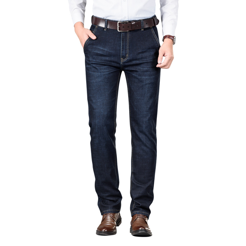 Blugi denim pentru bărbați, talie înaltă, croială dreaptă, croială lejeră, detalii la buzunare, finisaj de spălare