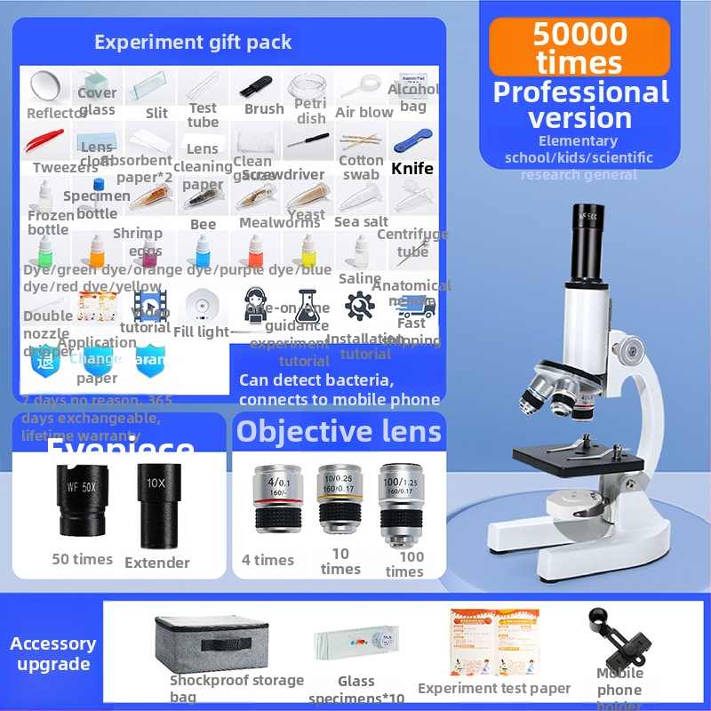 Výchovný mikroskop pre vyučovanie, kovová konštrukcia, ručne ovládaný, multifunkčný, vhodný pre vek 7–14 rokov