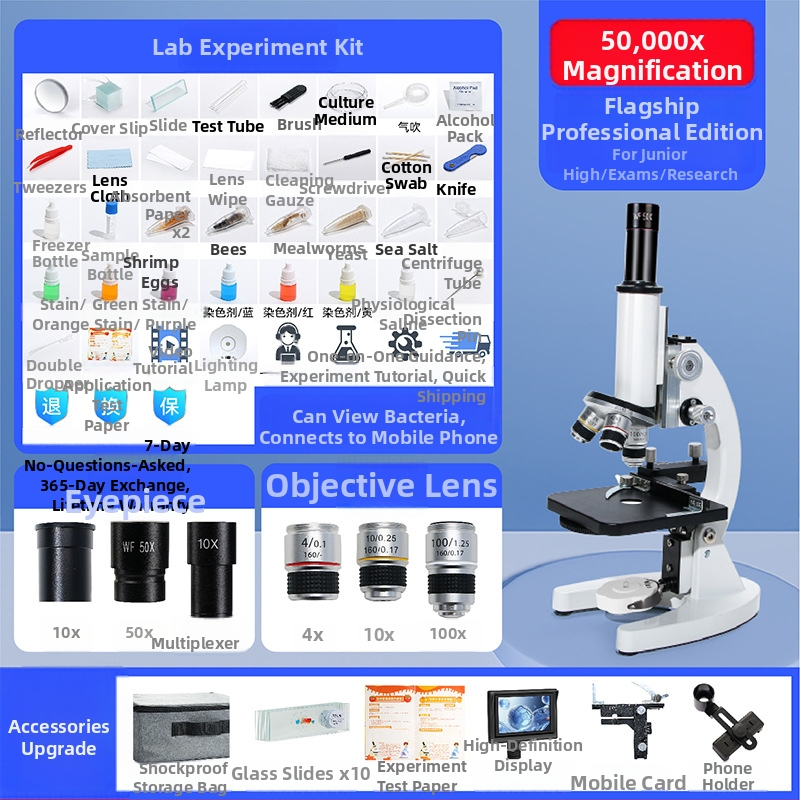 Výchovný mikroskop pre vyučovanie, kovová konštrukcia, ručne ovládaný, multifunkčný, vhodný pre vek 7–14 rokov