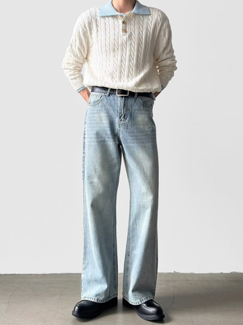 Jeansi pentru bărbați: stil american de stradă, denim spălat, croială dreaptă, talie medie, închidere cu șnur, spălare tie-dye, amestec poliester până la 30%