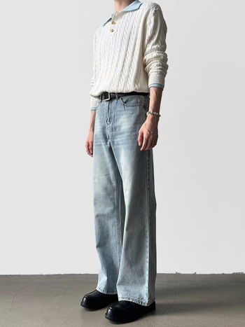 Jeansi pentru bărbați: stil american de stradă, denim spălat, croială dreaptă, talie medie, închidere cu șnur, spălare tie-dye, amestec poliester până la 30%