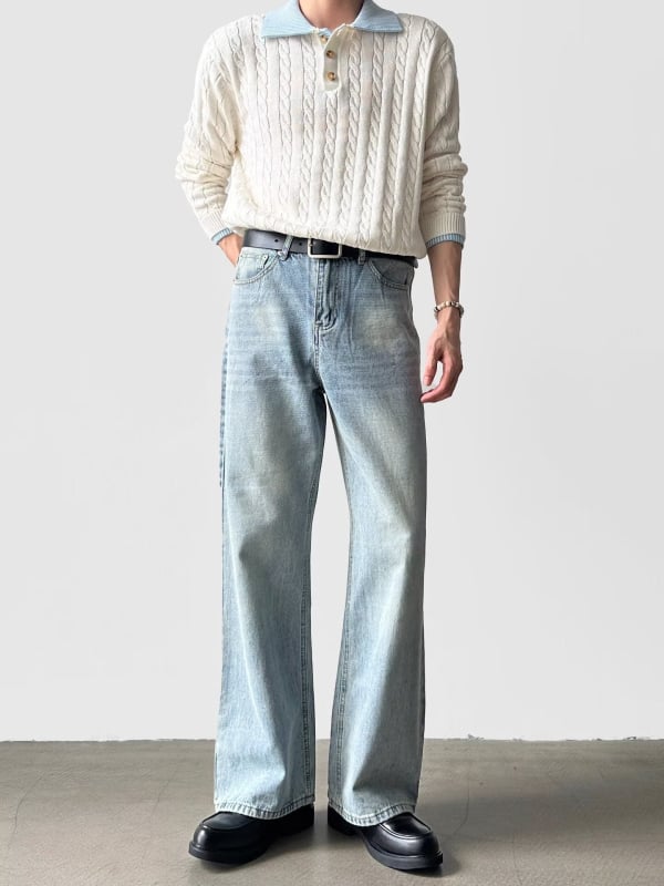 Jeansi pentru bărbați: stil american de stradă, denim spălat, croială dreaptă, talie medie, închidere cu șnur, spălare tie-dye, amestec poliester până la 30%