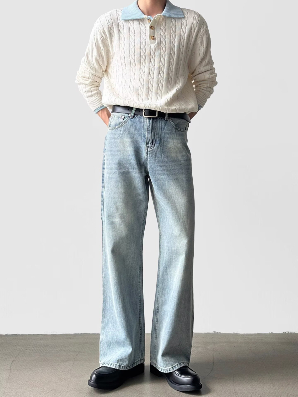 Jeansi pentru bărbați: stil american de stradă, denim spălat, croială dreaptă, talie medie, închidere cu șnur, spălare tie-dye, amestec poliester până la 30%