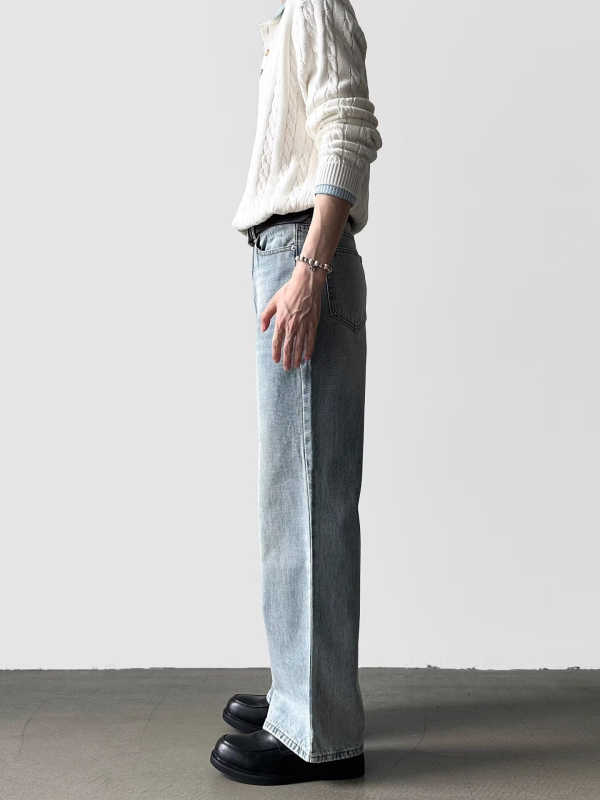 Jeansi pentru bărbați: stil american de stradă, denim spălat, croială dreaptă, talie medie, închidere cu șnur, spălare tie-dye, amestec poliester până la 30%